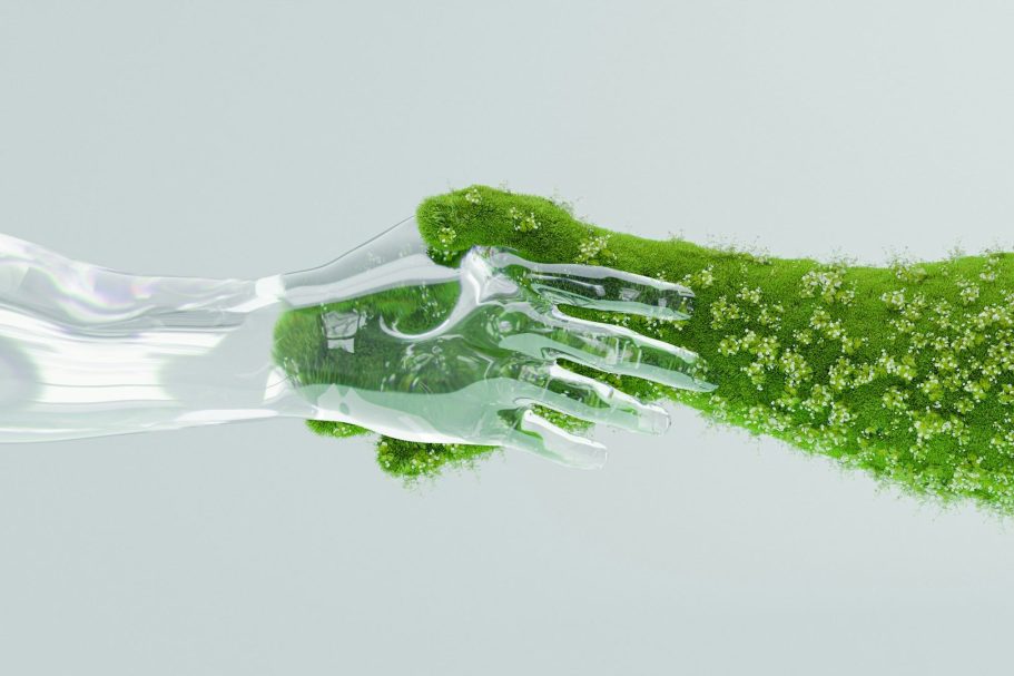 La Nostra Visione A glass hand and a green, textured hand reaching towards each other.